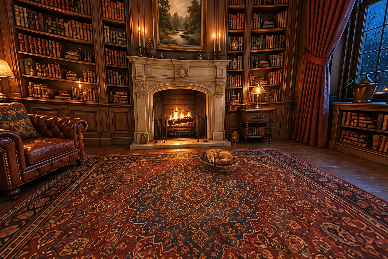 A cozy old English study with leather chairs and warm lamplight