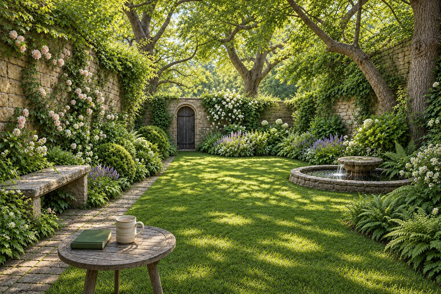 A peaceful English garden reading setting