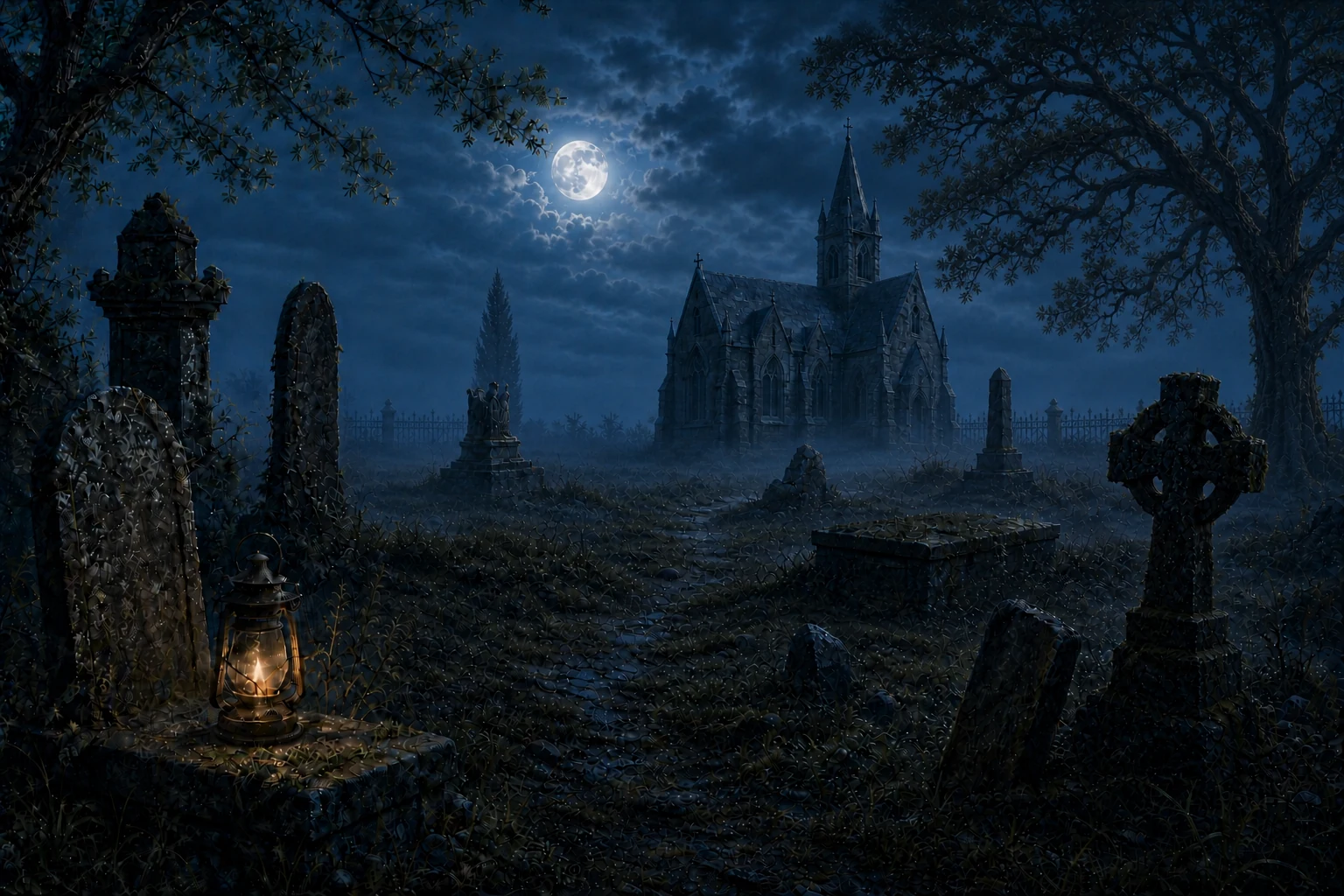 A misty gothic cemetery at midnight