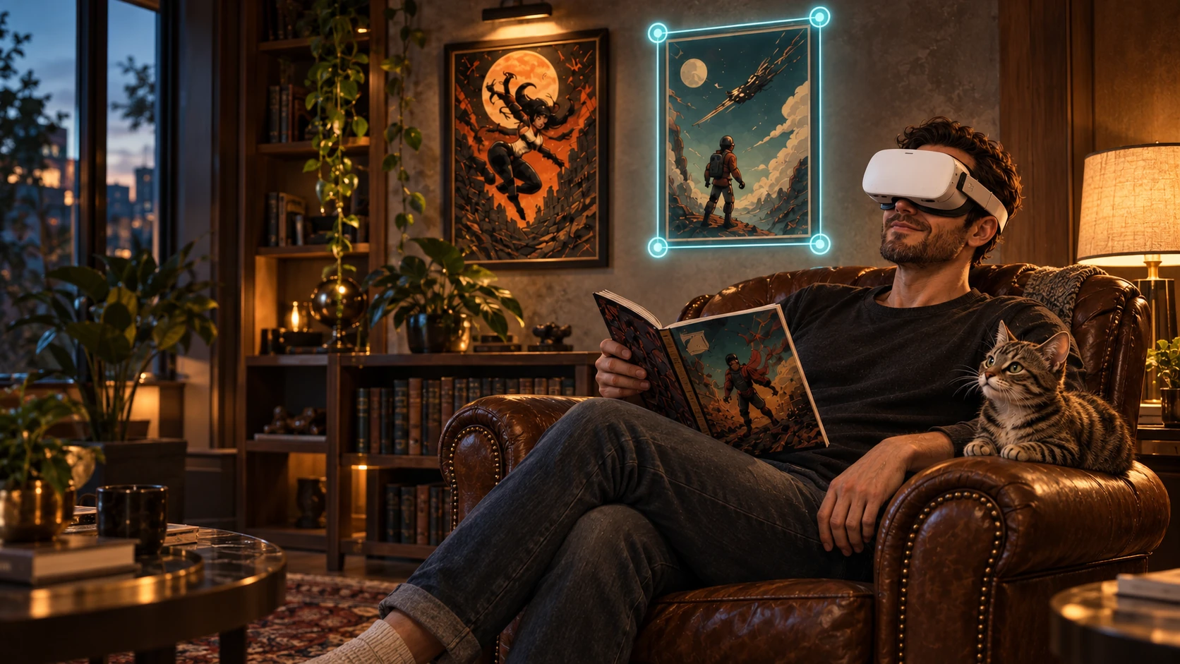 A reader using passthrough while placing comic-cover posters on a wall